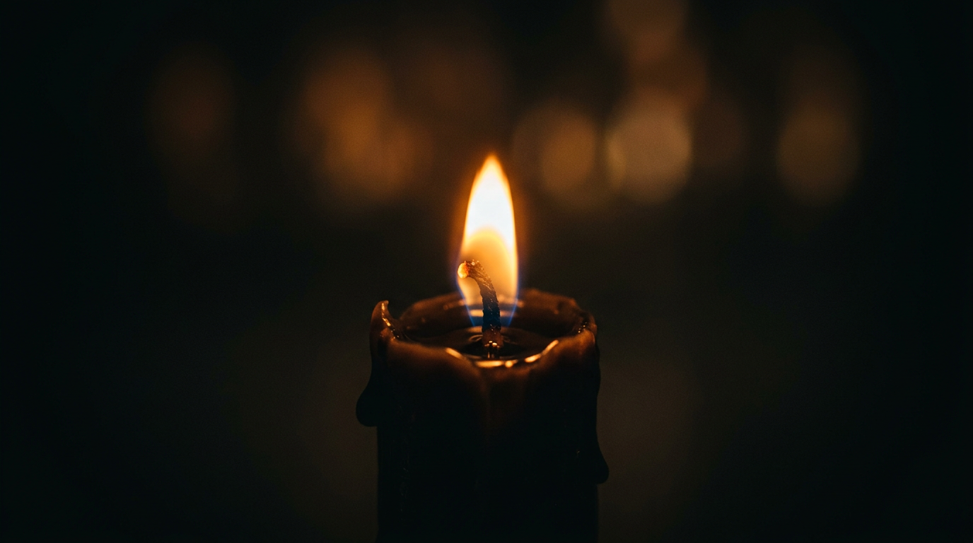 A single candle flame glowing in a dark, quiet room